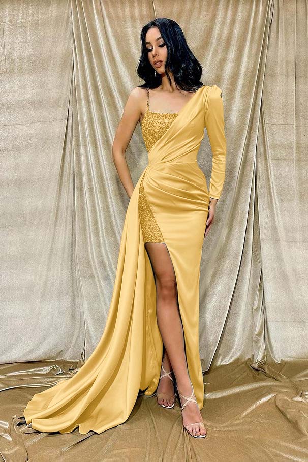 One Shoulder Long Sleeve Front Split Mermaid Evening Dress Light Green With Sequins