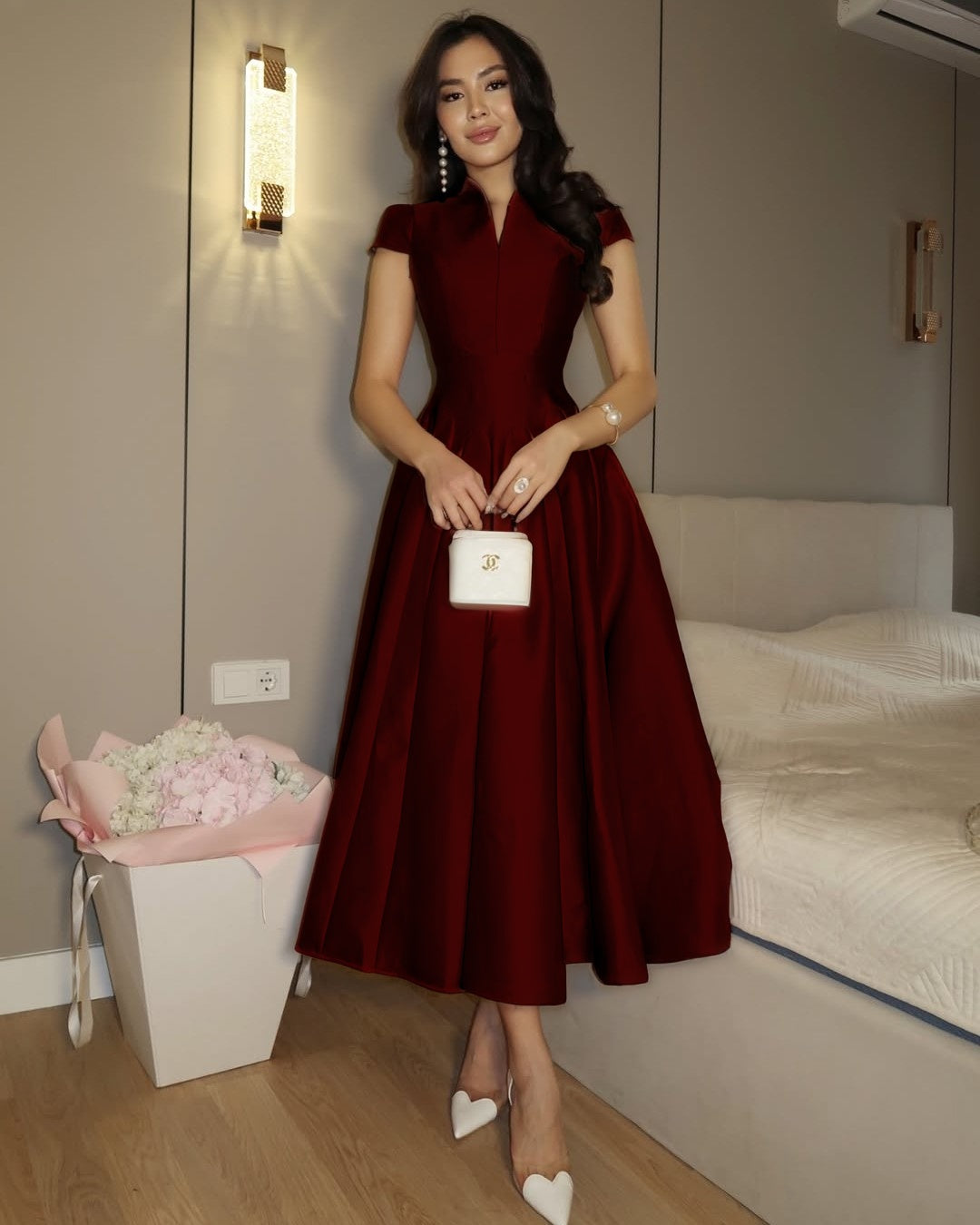 Elegant Pink Short Sleeves A-Line Pleated Satin Ankle Length Evening Dress