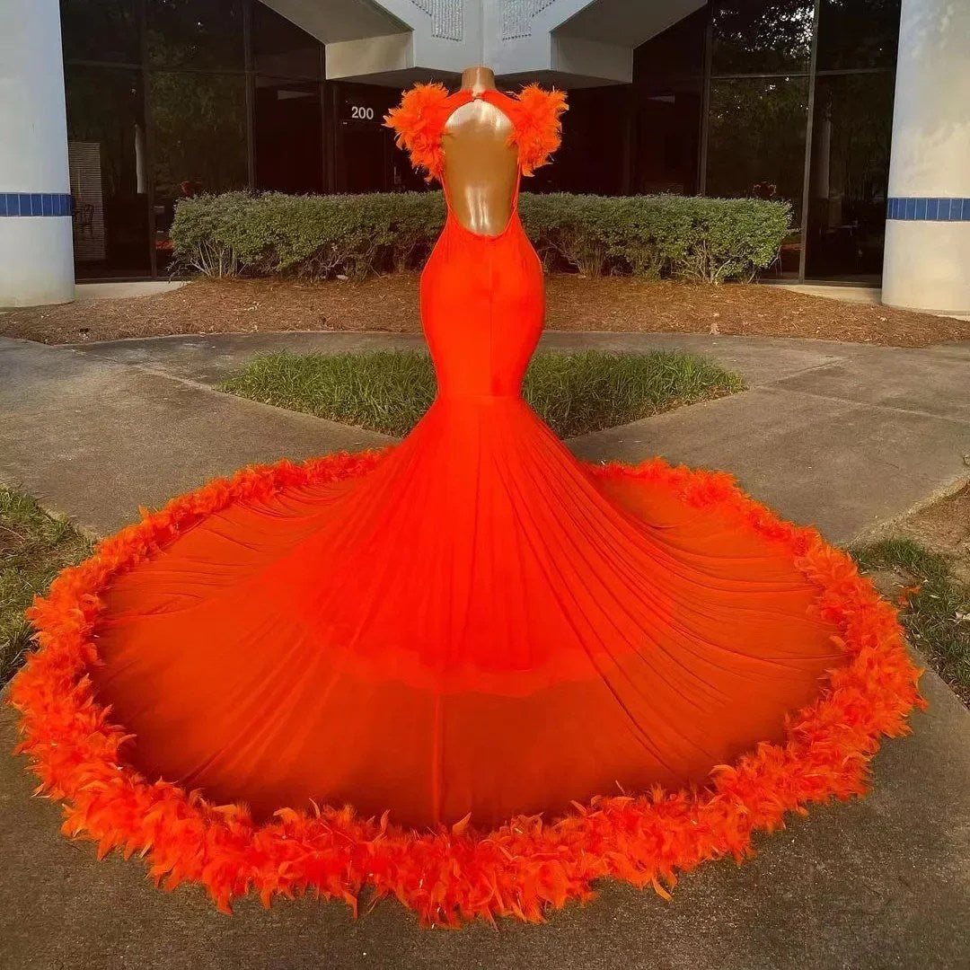 Sleeveless Charming Beads Mermaid Orange Prom Dress Appliques With Feathers