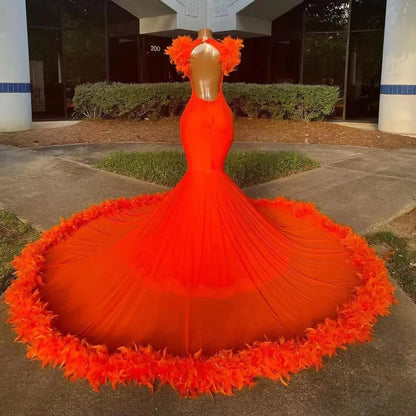 Sleeveless Charming Beads Mermaid Orange Prom Dress Appliques With Feathers