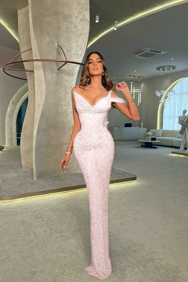 One Shoulder V-Neck Long Mermaid Prom Dress Sleeveless with Sequins