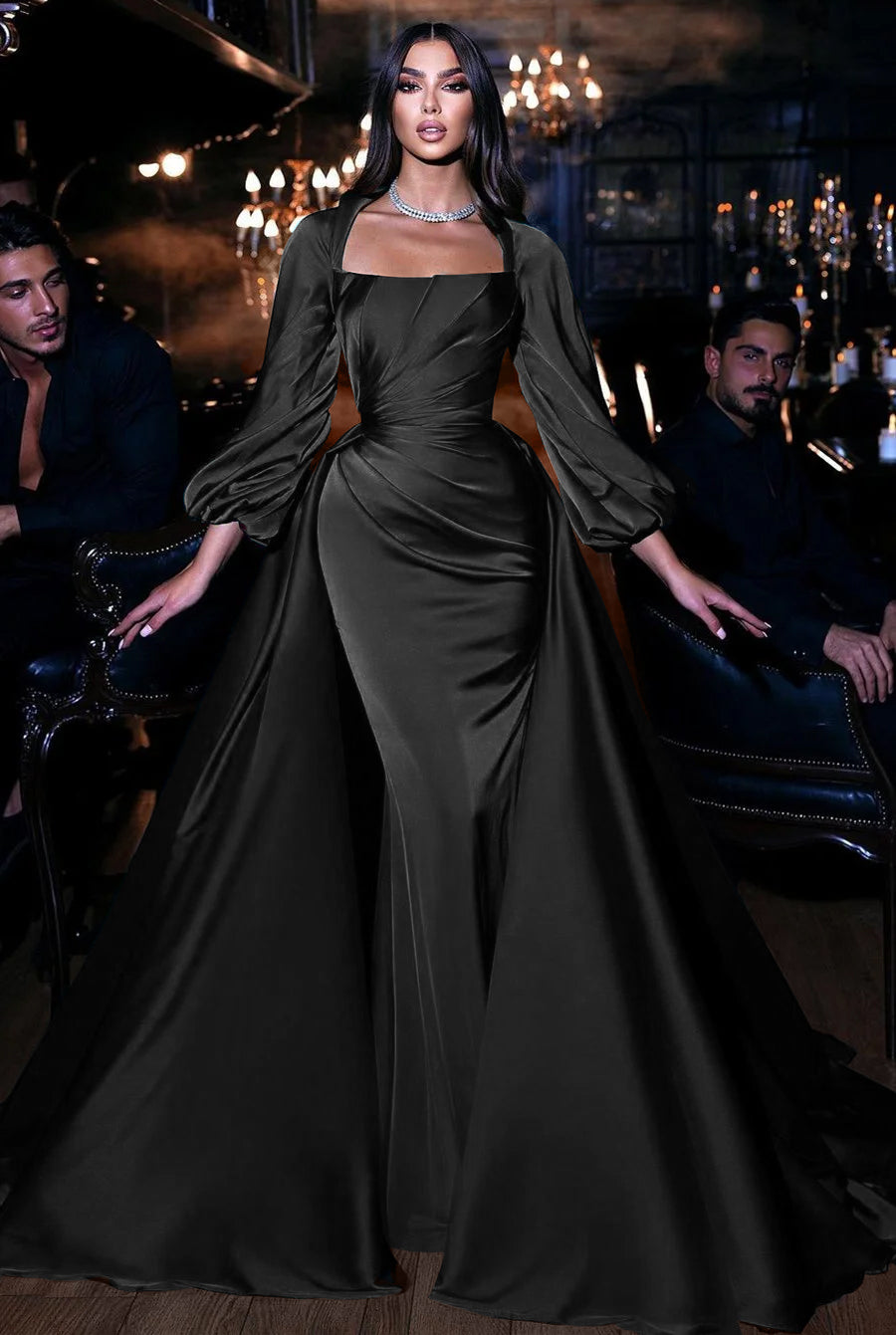 Square Emerald Long Sleeves Mermaid Prom Dress With Ruffles