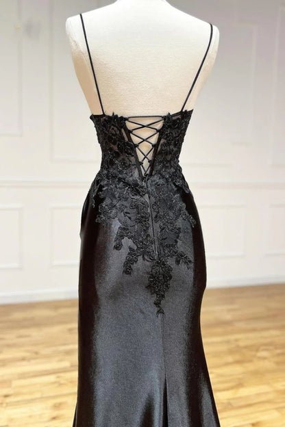 Black V Neck Spaghetti Strap Sleeveless Long Split Prom Dress with Embroidered