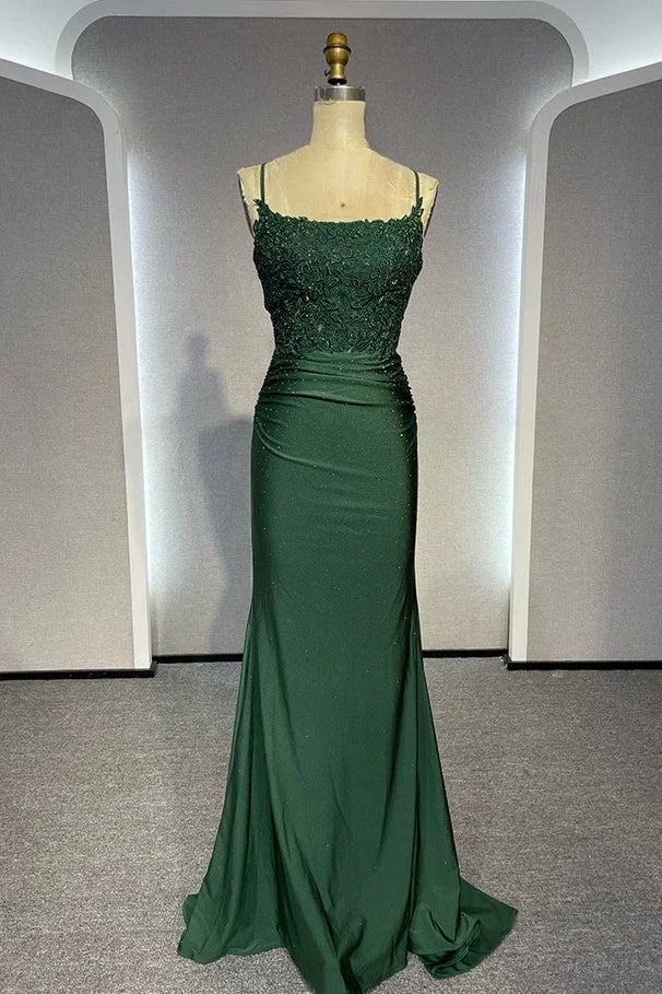 Dark Green Sleeveless Spaghetti Straps Square Lace Prom Dress
