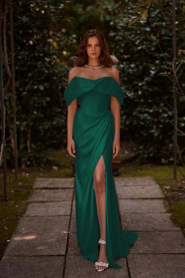 White Off-the-Shoulder Long Prom Dress Split with hand sleeve