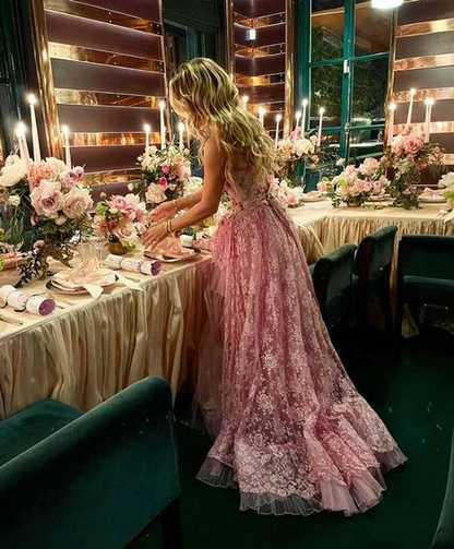 Sexy High Low Sleeveless Lace Pink Prom Dress fg8367