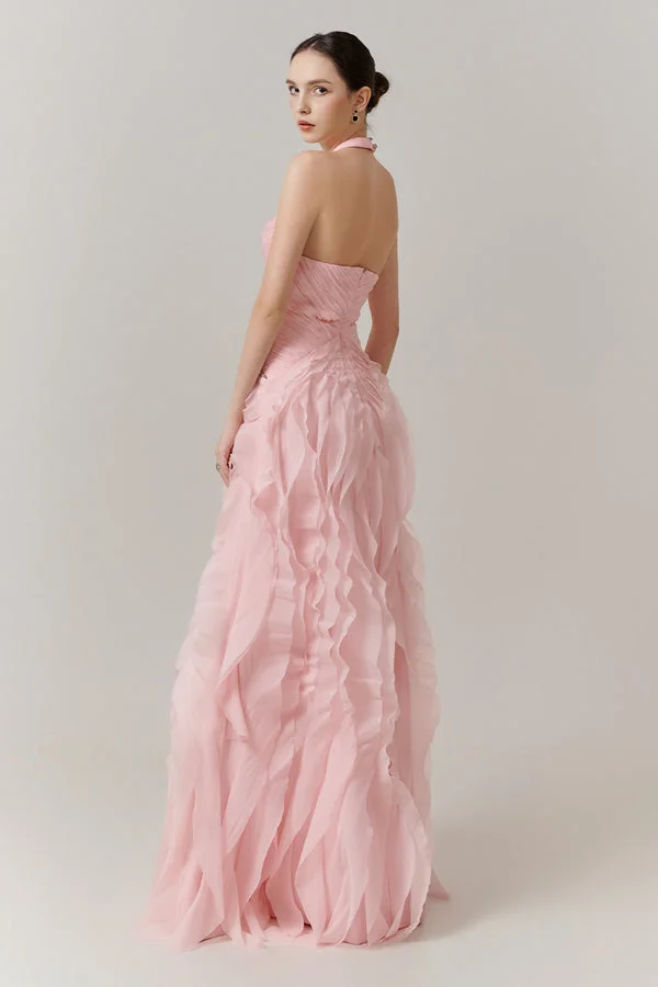 Blushing Pink Halter Strap Pleated V-Neck Split Evening Dress With Beads