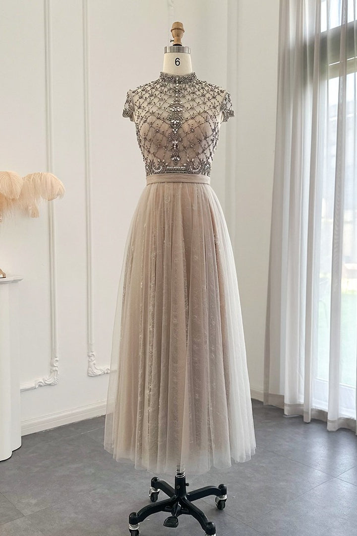Champagne Jewel Neck A Line Prom Dress Tulle Diamond-Studded