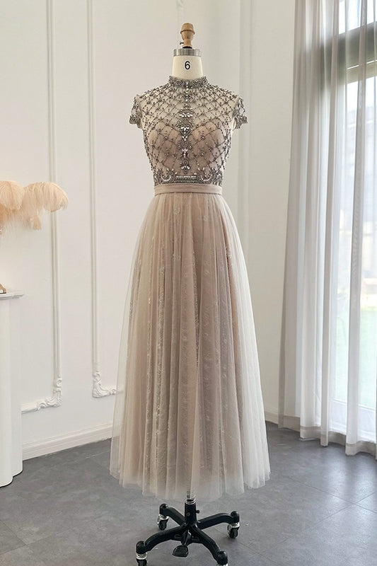 Champagne Jewel Neck A Line Prom Dress Tulle Diamond-Studded