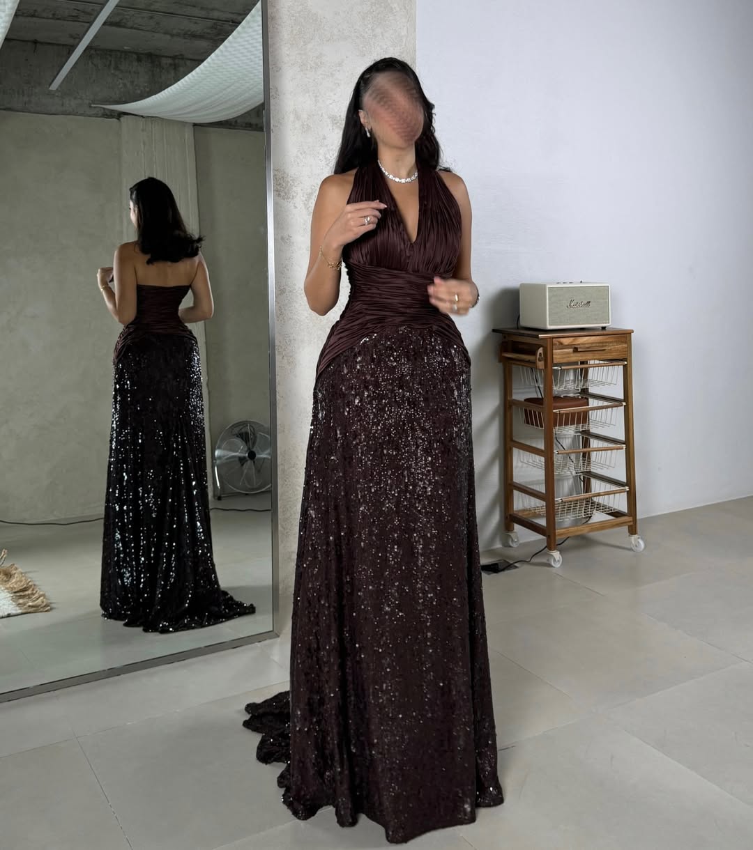 A Line Halter Straps Sleeveless Beaded Long Dress With Sequins