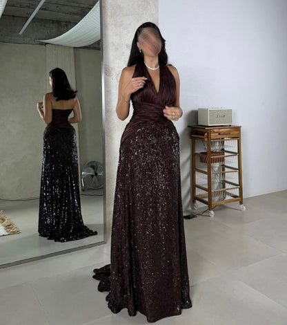 A Line Halter Straps Sleeveless Beaded Long Dress With Sequins