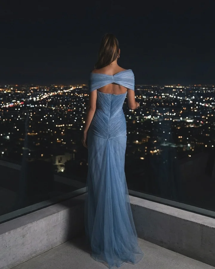 Flowing Dusty Blue Off-The-Shoulder Pleated Long Tulle Evening Dress