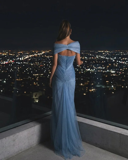 Flowing Dusty Blue Off-The-Shoulder Pleated Long Tulle Evening Dress