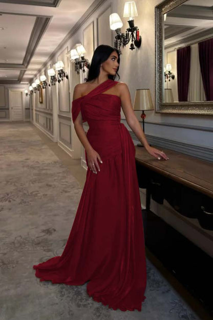 Sleeveless Square One Shoulder Prom Dress With Pleated