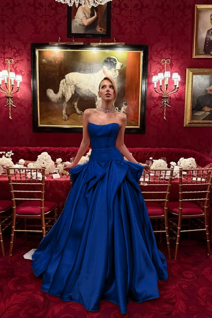 Glamorous Satin Strapless Sleeveless Fitted Waist Long A-Line Evening Dress