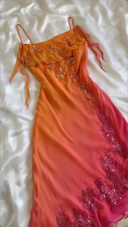 Orange Gradient Exquisite Beaded Spaghetti Strap Midi Chiffon Slim Ball Gown Evening Dress Party Dress Prom Dress SH3531
