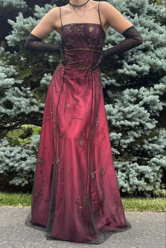 Vintage A Line Spaghetti Strap Beaded Black Chiffon Burgundy Satin Prom Dress Graduation Prom Dress SH2598