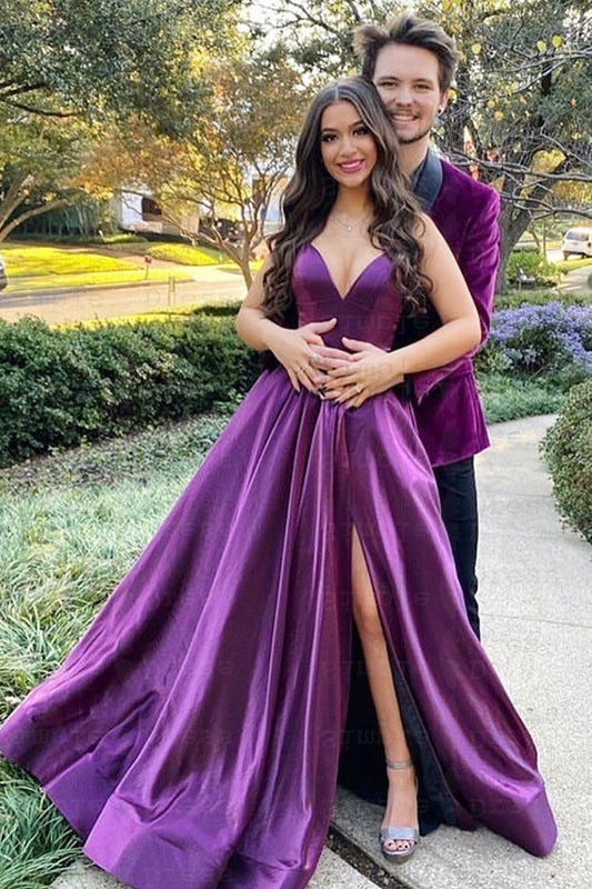 Spaghetti-Straps Purple V-Neck Prom Dress