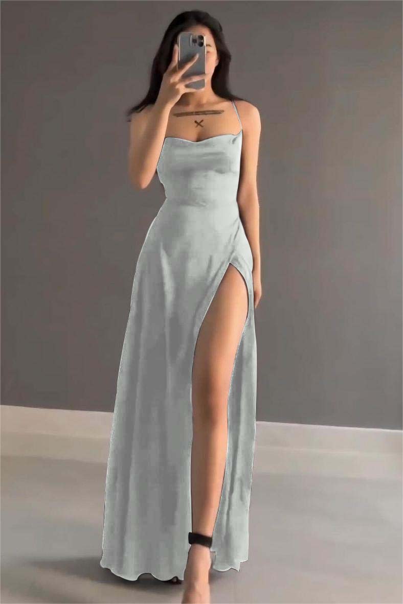 Simple Black Satin Spaghetti Strap Sleeveless Long Prom Dress with Split