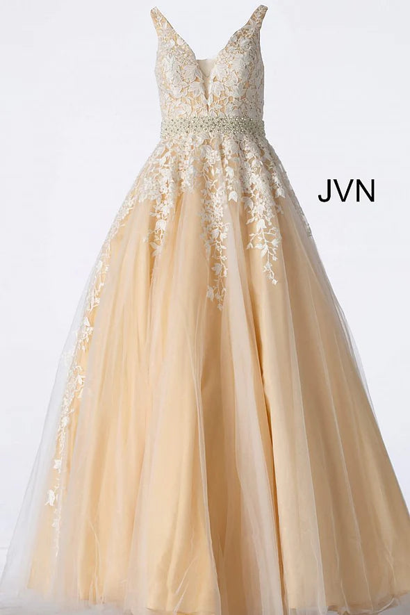 Black V-Neck Sleeveless Prom Dress with Applique Beadings