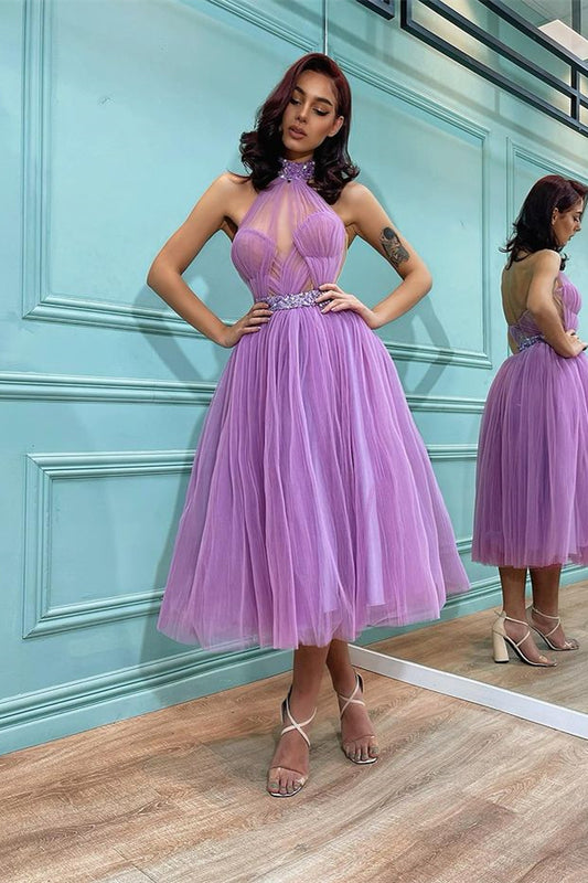 Tulle Lavender High Neck Short Prom Dress