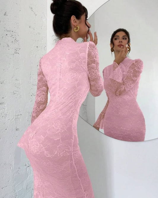 Glamorous Pink Lace Floral Half High Neck Long Sleeves Slim Prom Dress