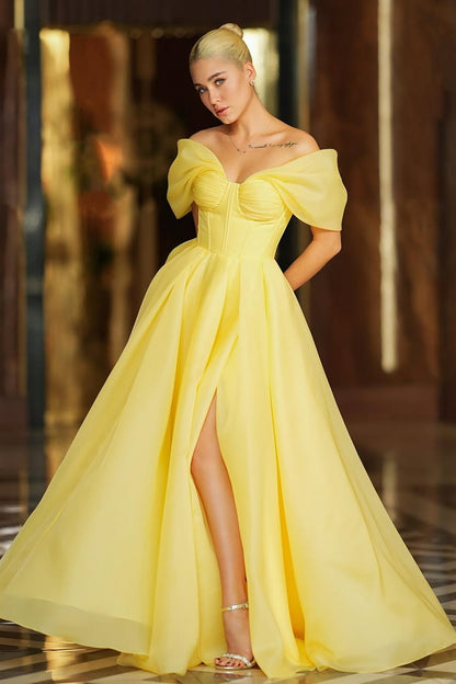 Yellow Sleeveless Strapless Off-Shoulders A-Line Prom Dress With Split
