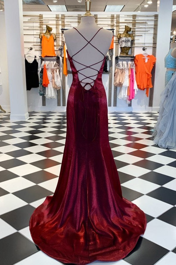 Burgundy Strapless Mermaid Evening Dress Slit Simple