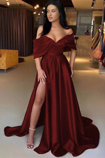 Red A Line Off The Shoulder Prom Dress Split