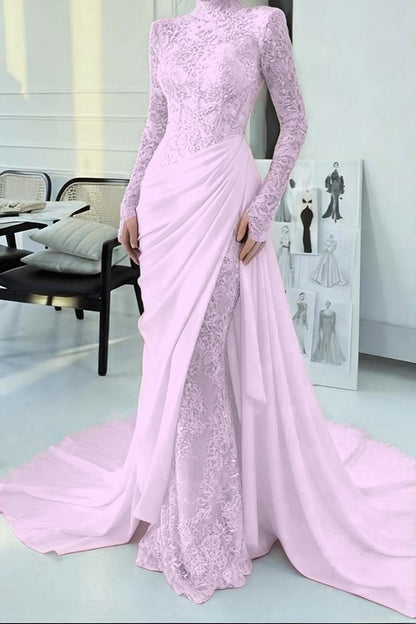 Glamorous Lace Burgundy High Neck Long Sleeves Evening Dress With Appliques
