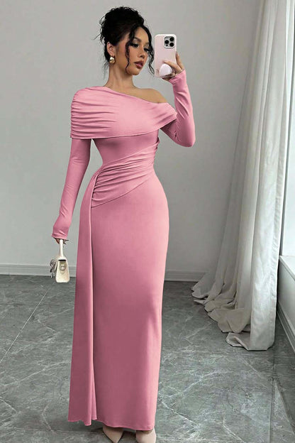 Long Sleeves One-Shoulder Pleated Mermaid Prom Dress