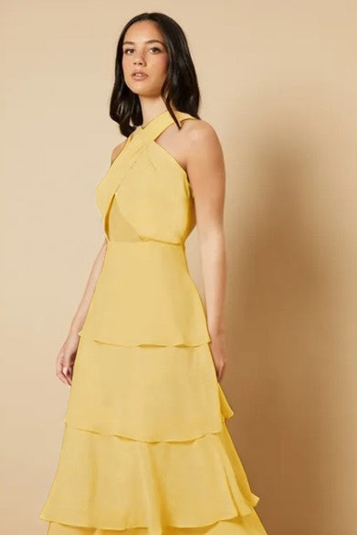 Sleeveless Halter Straps A Line Long Ruffles Prom Dress