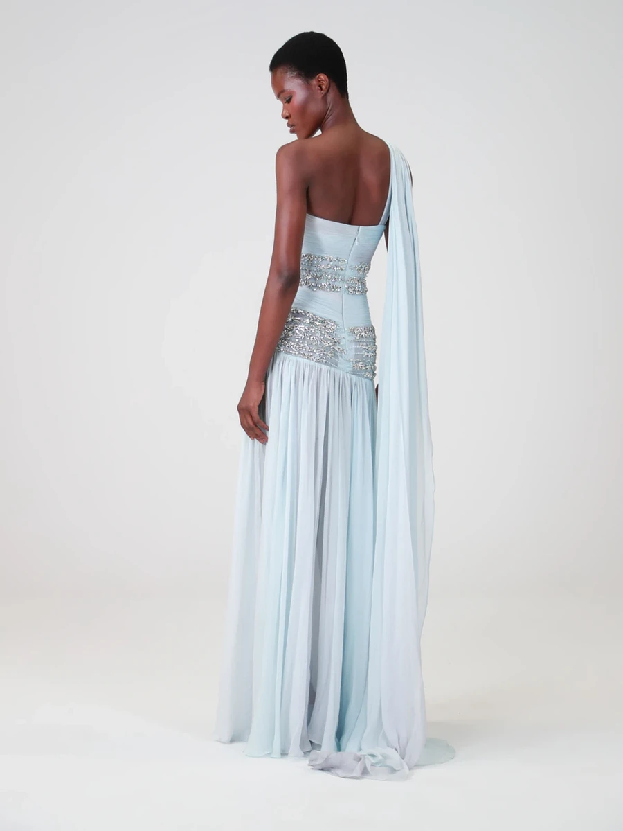 Charming Blue Sleeveless One Shoulder Long Evening Dress with Sequins