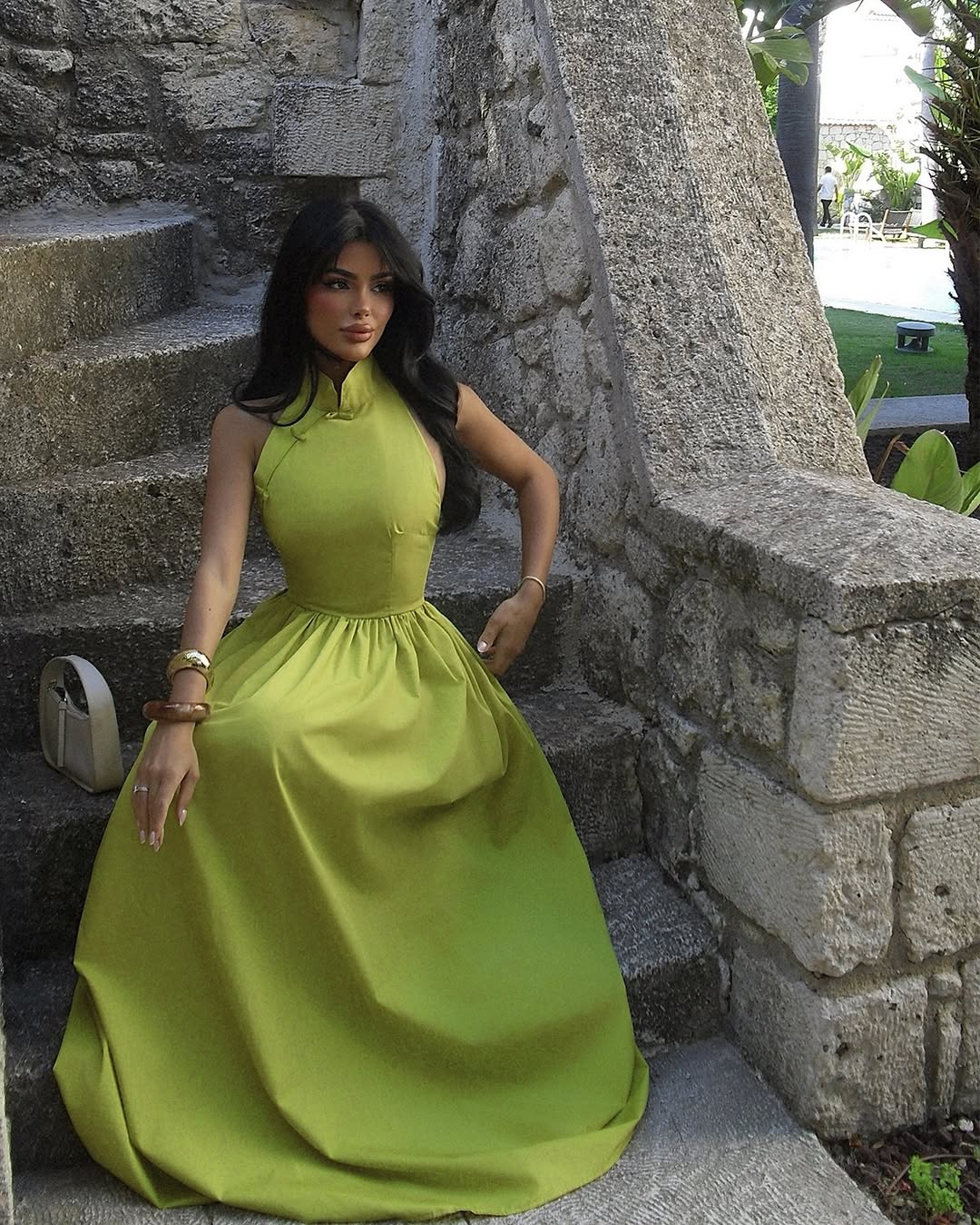 Chic Green Satin Sleeveless High Neck Long Prom Dress with Pleated