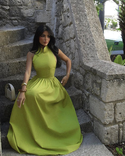 Chic Green Satin Sleeveless High Neck Long Prom Dress with Pleated