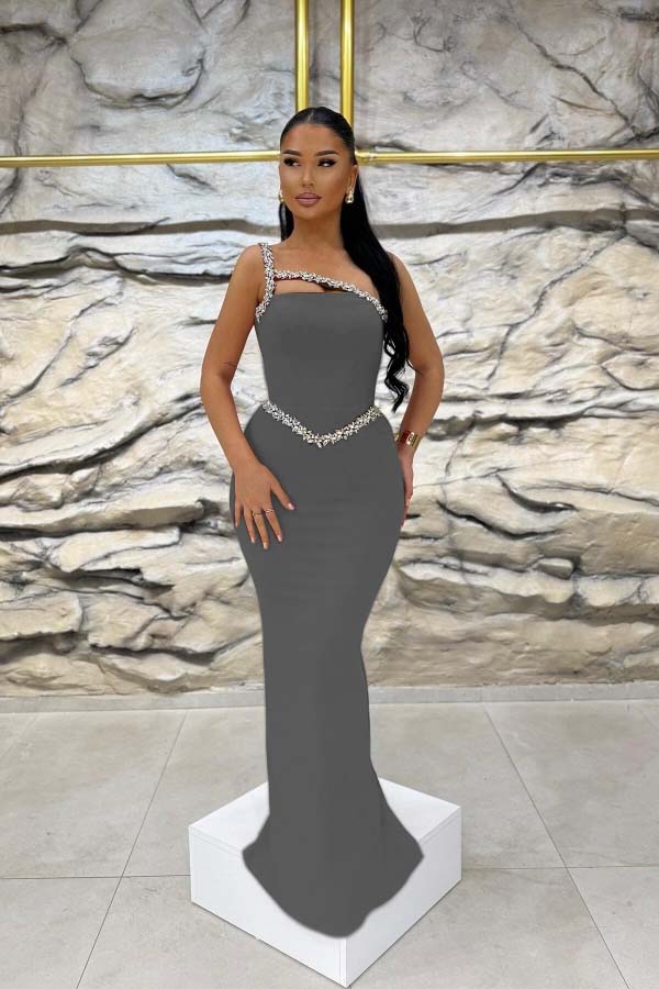 Red Beaded Mermaid One-Shoulder Prom Dress