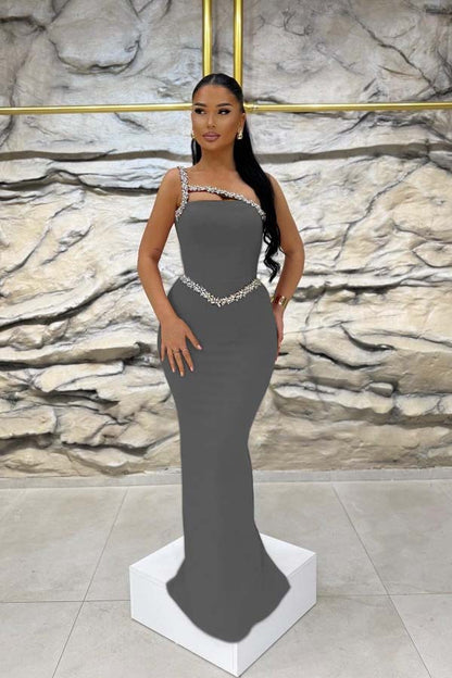 Red Beaded Mermaid One-Shoulder Prom Dress