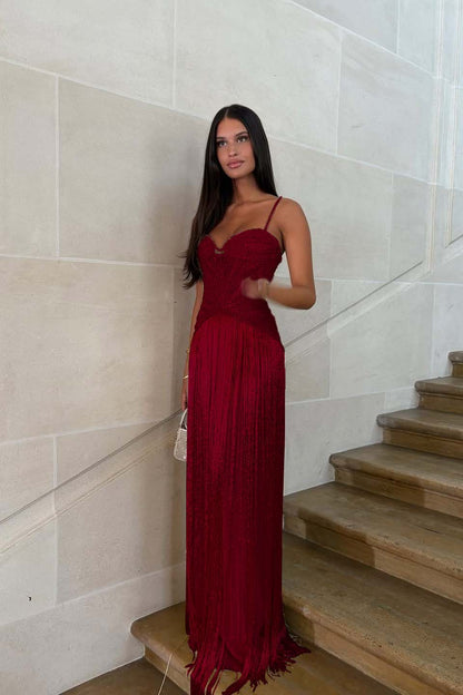 Elegant Sequin Fringe Long Sleeveless Prom Dress with Spaghetti Straps
