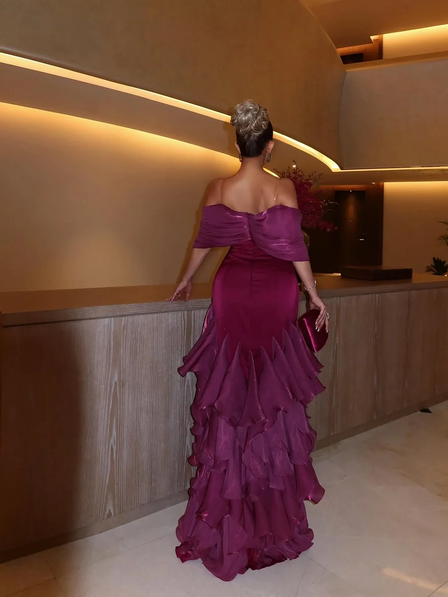 Glamorous Orchid Off the Shoulder Ruffles Evening Dress with Pleated