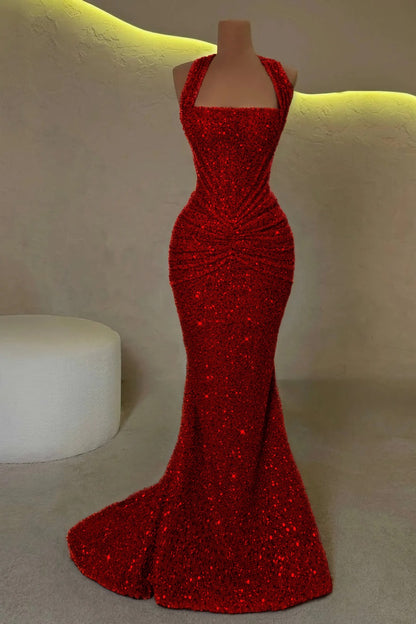 Gold Sleeveless Halter Straps Mermaid Prom Dress With Sequins