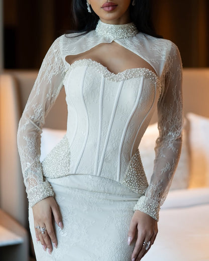 Chic White Long Sleeves Sweetheart Appliques Mermaid Beaded Prom Dress