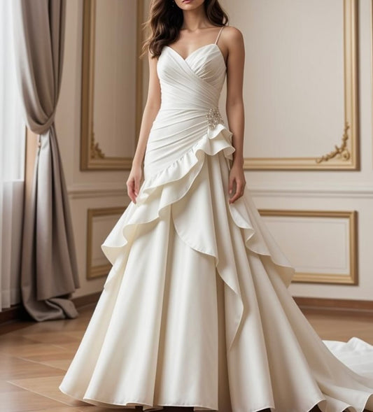 White Sleeveless Spaghetti Straps V-Neck A Line Prom Dress With Pleated