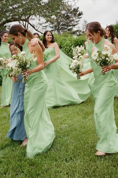 Simple Sheath Halter White Satin Open Back Evening Dress Bridesmaid Dress SH2694
