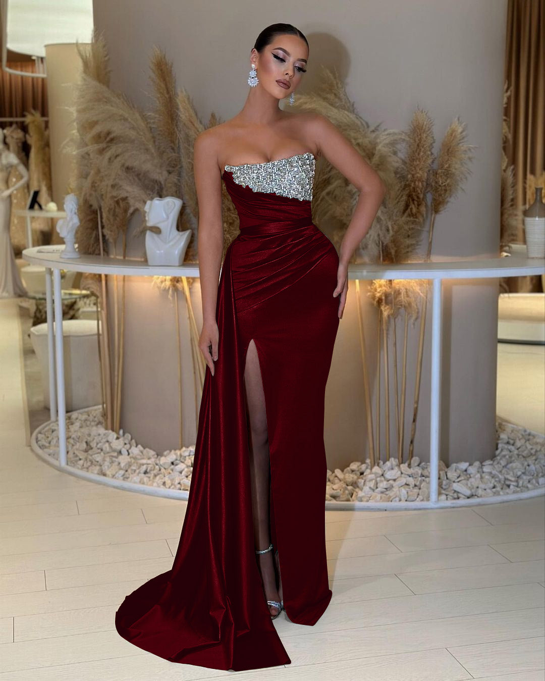 Strapless Beading Sleeveless Slit Prom Dress with Ruffle