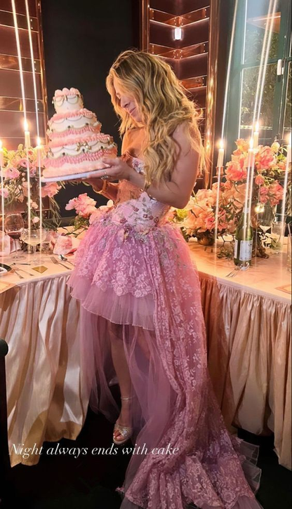 Sexy High Low Sleeveless Lace Pink Prom Dress fg8367