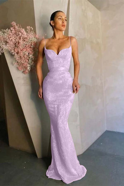 Mermaid Spaghetti-Straps Sequins Prom Dress Long