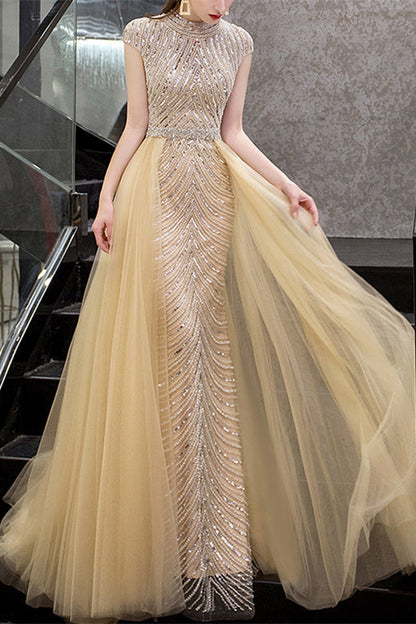 Yellow Sequins Beadings Evening Dress With long Ruffles High Collar Cap Sleeves