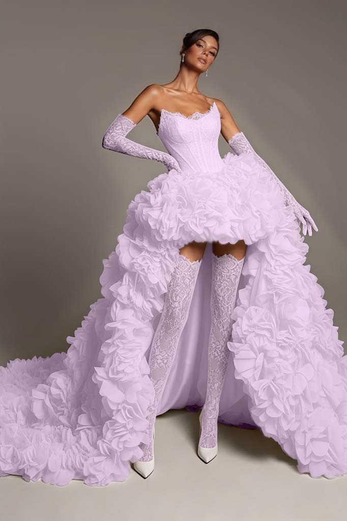 Sleeveless Strapless A Line Embroidery Pleated Prom Dress With Gloves