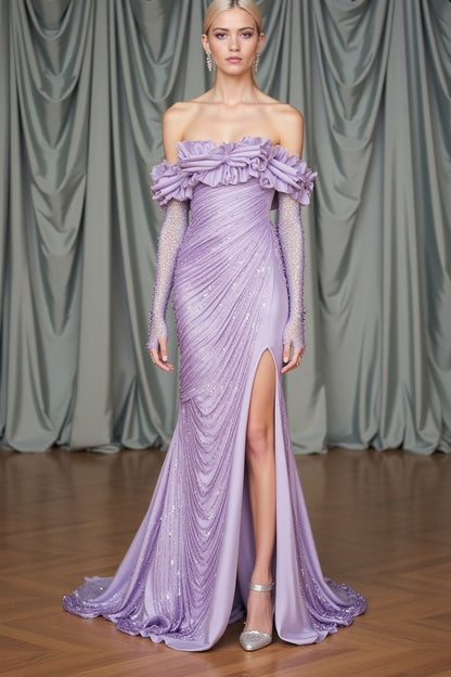 Long Sleeves Strapless Mermaid Slit Prom Dress With Sequins