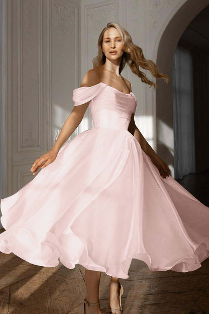 Exquisite White Satin Strapless Off the Shoulder A Line Prom Dress with Ruffles